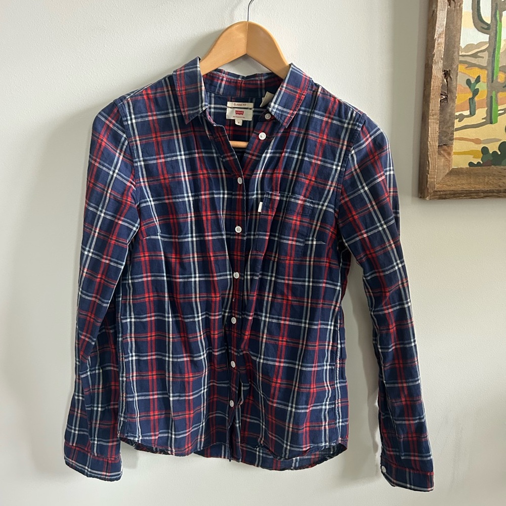 Levis Women's Small Blue Plaid Button up Shirt